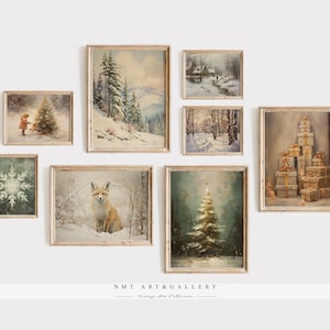 Vintage Christmas Gallery Wall Art Set, Rustic Xmas Collage, Vintage Christmas Printable Style, Wall Art Prints, Set of 8 Gallery Prints