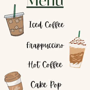 Druckbare Kaffeekarte - Inspiriert von Starbucks Kaffeekarte - Eiskaffee, Heißer Kaffee, Frappuccino, Cake Pop | Cafe Dekor | Digitaler Download