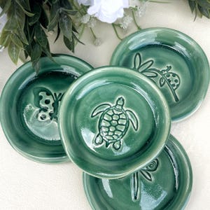 Handmade Emerald Green Stoneware Spoon Rest: Dragonfly, Turtle, Butterfly