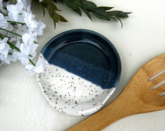Stoneware Spoon Rest for Rustic Kitchen Decor | Speckled Pottery Kitchen Utensil Holder in Blue and White | Kitchen Spoon Holder