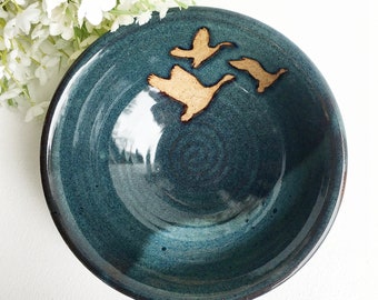 Duck Themed Small Serving Bowl | Blue Stoneware Pottery Bowl | Rustic Cabin Kitchen | Duck Hunter Serving Bowl