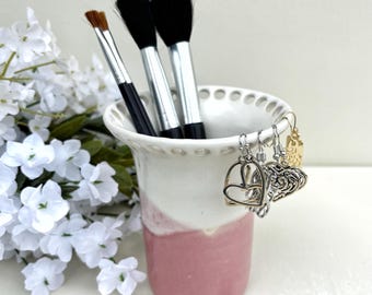 Handmade Pottery Earring Organizer & Makeup Brush Holder: Pink and White Stoneware Vanity Organizer
