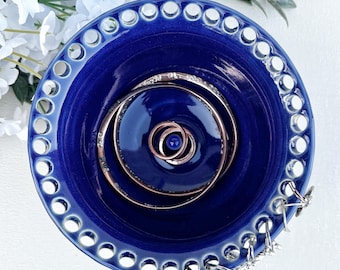 Cobalt Blue & White Earring Holder | Jewelry Storage | Pottery Earring Tree and Ring Holder | Ceramic Earring Holder | Earring Bowl