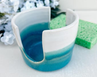 Turquoise and White Stoneware Ceramic Sponge Holder | Coastal Kitchen Decor