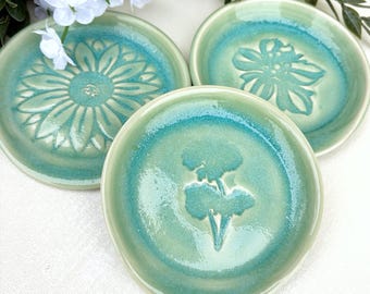 Small Handmade Aqua Stoneware Spoon Rest - Nature Inspired Floral Motif Collection
