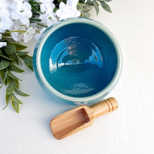 Ceramic Salt Cellar with Wood Spoon - Coastal Blue and White Ceramic Salt Pig with Scoop | Gift for Home Chefs and Foodies