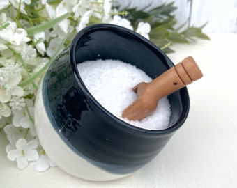 Pottery Salt Cellar and Wood Spoon - Glossy Black and White Ceramic Salt Pig with Scoop Makes a Great Kitchen Gift