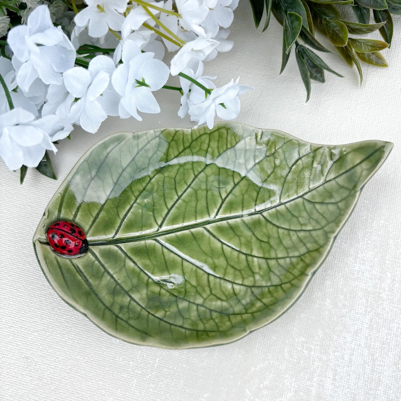 Pu&ograve; includere: Un piatto in ceramica a forma di foglia verde con una finitura lucida e venature visibili. Una piccola coccinella rossa tridimensionale con punti neri &egrave; attaccata sul lato sinistro della foglia. Il piatto &egrave; posizionato sotto fiori bianchi.