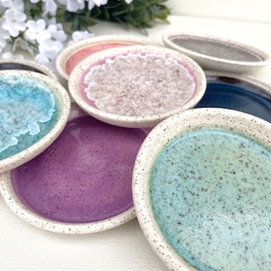 Small Ceramic Trinket Dish | Wheel Thrown Stoneware Ring Bowl | Speckled Pottery Dish in Colorful Glazes | Jewelry Holder Gift Idea