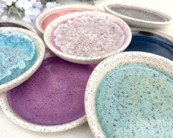 Small Ceramic Trinket Dish | Wheel Thrown Stoneware Ring Bowl | Speckled Pottery Dish in Colorful Glazes | Jewelry Holder Gift Idea