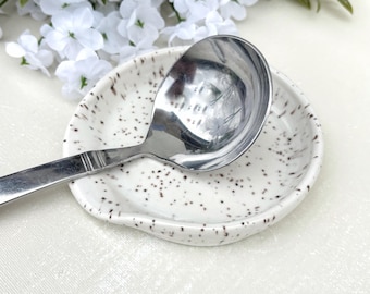 Handmade Ceramic Spoon Rest: Speckled White Stoneware Kitchen Gift