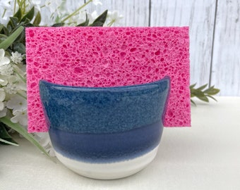 Ceramic Sponge Holder- Deep Blue and White Stoneware Kitchen Sponge Keeper | Pottery Sponge Holder for Kitchen Sink Top