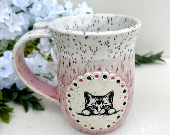 Handmade Pottery Peek-a-Boo Kitty Mug | Cat Lover Gift | 10 Oz. Pink Stoneware Mug