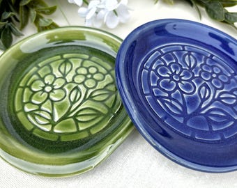 Pottery Spoon Rest | Floral Stained Glass Design Stoneware Kitchen Utensil Holder | Spoon Holder for Kitchen & Stove Top