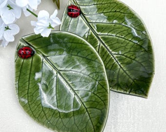 Tropical Green Hydrangea Leaf Ring Dish with Ladybug – Small Ceramic Nature-Inspired Trinket Bowl Gift