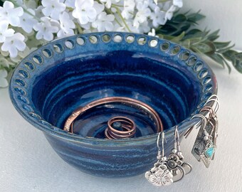 Stoneware Jewelry Bowl: Efficient Storage for Dangle Earrings, Bracelets, Small Baubles and Rings | Blue Swirl Pottery Jewelry Bowl