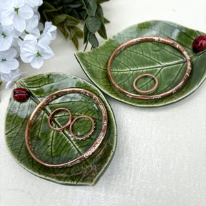 Pu&ograve; includere: Due piattini in ceramica verde a forma di foglia, ciascuno con un piccolo dettaglio a forma di coccinella rossa. Un piattino contiene un bracciale color rame e due anelli, l'altro un bracciale color rame e un anello con incisioni.