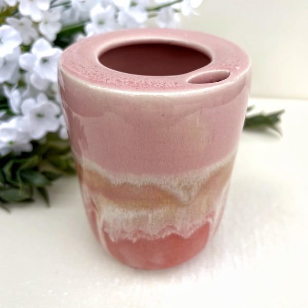 Handmade Stoneware Iced Coffee Cup | 13 oz Pretty in Pink Pottery To Go Cup | Ceramic Iced Espresso Tumbler |