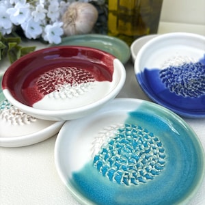 May include: A set of four round ceramic grater plates, each featuring a central textured area for grating surrounded by a smooth, colored rim. The plates are glazed in red, blue, turquoise, and white, with a white base and raised grating teeth.