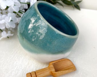 Ceramic Salt Cellar with Wood Spoon - Coastal Blue and White Ceramic Salt Pig with Scoop | Gift for Home Chefs and Foodies