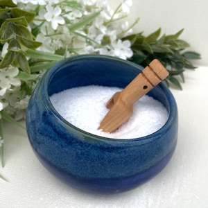 Handmade Pottery Salt Cellar with Scoop | Wheel Thrown Blue Stoneware Salt Pig | Rustic Kitchen Gift for Home Cooks & Foodies