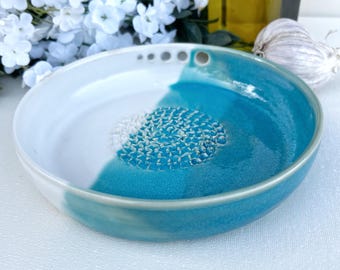 Combination Garlic Grater and Herb Stripper | Turquoise & White Stoneware Pottery Kitchen Gadget | Gift for Foodies and Chefs | Dipping Oil