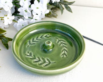 Leaf Motif Mossy Green Incense Stick Holder | Stoneware Incense Holder | Pottery Incense Burner | Ceramic Incense Holder | Home Fragrance