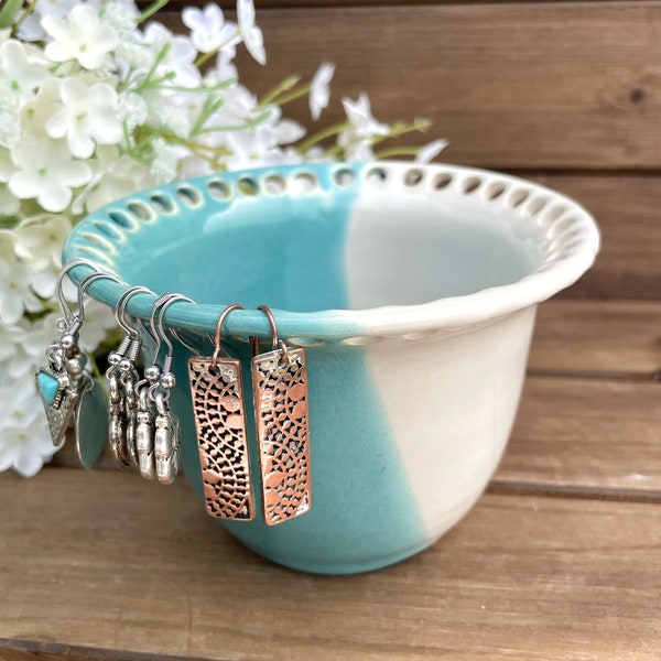 Earring Holder Ceramic | Earring Holder Pottery | Turquoise and White Jewelry Bowl | Pottery Earring Tree and Ring Holder | Earring Bowl