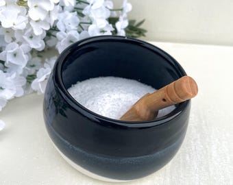 Black and White Pottery Salt Pig with Spoon | Stoneware Salt Cellar with Scoop | Ceramic Salt Jar | Chef Gift
