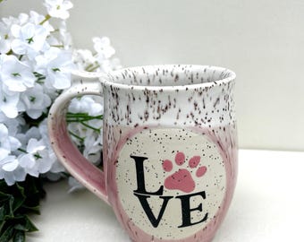 Love Paw Print Mug – Handmade 12 Oz Pink Speckled Stoneware Coffee Cup for Dog Mom | Gift for Dog Lover