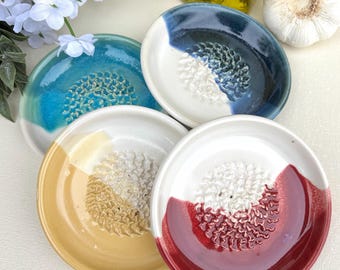 Small Handcrafted Ceramic Grater Dish: Garlic, Ginger, Nutmeg  | Stoneware Pottery Grater Bowl | Individual Dipping Oil