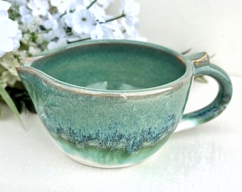 Garlic Grater Bowl with Handle – Small Stoneware Batter Bowl with Spout | Ceramic Sauce Mixer | Coastal Sea Green Pottery