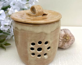 Pottery Garlic Keeper | Lidded Jar Ceramic Garlic Crock | Farmhouse Kitchen Storage for Garlic Handcrafted from Stoneware Pottery