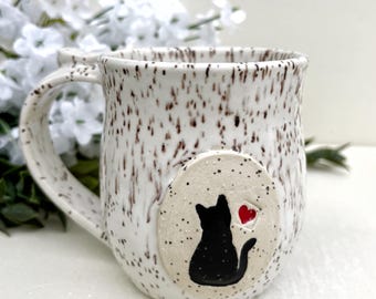 Coffee Mug for Cat Lovers - 12 Oz. White Speckled Stoneware Ceramic Handmade Pottery Mug | Cat Lover Gift