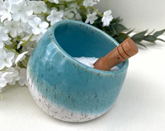 Speckled Pottery Salt Cellar with Wooden Spoon - Ceramic Salt Pig in Turquoise and White with Wooden Scoop for the Coastal Kitchen