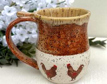 Handmade Farmhouse Chicken Mug – Speckled Stoneware Coffee Mug | Rustic Farmhouse Pottery | Chicken Lover Gift | Country Kitchen Mug