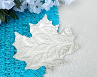 Handmade Ceramic Leaf Dish | White Pottery Trinket Tray | Ring Holder | Jewelry Dish | Autumn Leaf Decor | Minimalist Home Accent