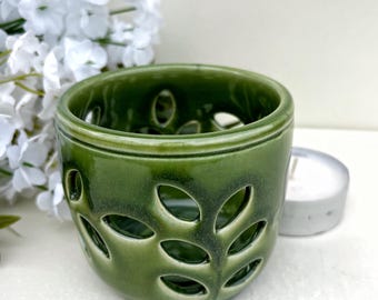 Mossy Green Teal Light Holder | Votive Candle Holder | Hand Carved Leaf Motif Candle Holder | Ceramic Candle Holder | Votive Cup