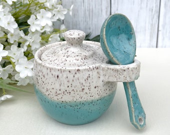 Coastal Vibe Stoneware Pottery Sugar Bowl with Lid and Spoon - Rustic Speckled Pottery Lidded Sugar Bowl with Attached Pottery Spoon