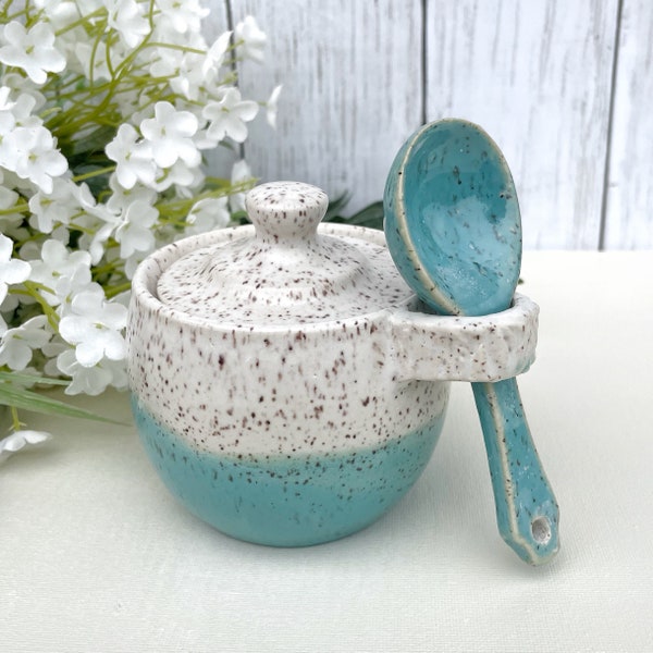 Coastal Vibe Stoneware Pottery Sugar Bowl with Lid and Spoon - Rustic Speckled Pottery Lidded Sugar Bowl with Attached Pottery Spoon