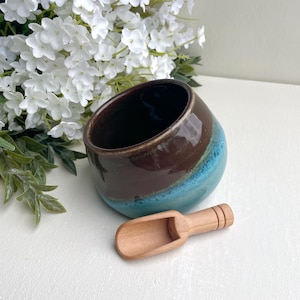 Handmade Turquoise Stoneware Salt Cellar with Wooden Scoop