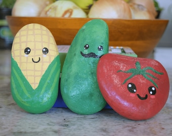 Hand-Painted Fruit, Vegetable Garden Stones 3-Pack / Rocks