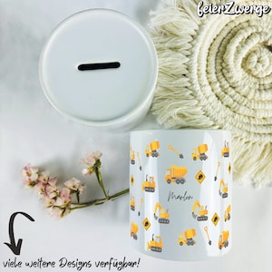 Spardose Kinder Bagger Dino Motiv, individuell Namen, Geschenkidee Sparbüchse Babygeschenk Taufe Taufgeschenk Keramik, Taschengeld Sparbox