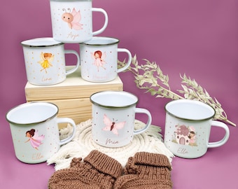Emaille Tasse für Kinder personalisiert, Kindertasse Fee, Kindergarten Tasse, Schmetterling,  Kindergeschenke Mädchen, Kinderbecher,