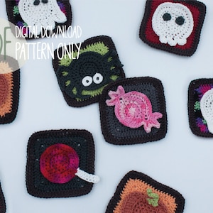 Crochet PATTERN - Set of 6 Halloween squares crochet pattern / Halloween granny squares / Crochet 3D squares / Crochet pumpkin square