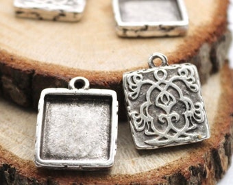 10 Silver Pendant Blank Bezel Base Setting, Blank Resin Blank, Antique Silver Plated Bezel, Square Bezel Cups, Blank Mountings, ZU1029 as