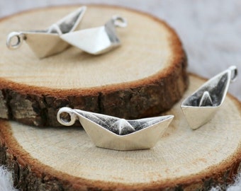 Antique Silver Origami Boat Charm, Sea Lover Pendant (5 Pcs)