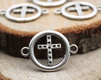 10 Antique Silver Cross Connector Charms: DIY Jewelry Findings
