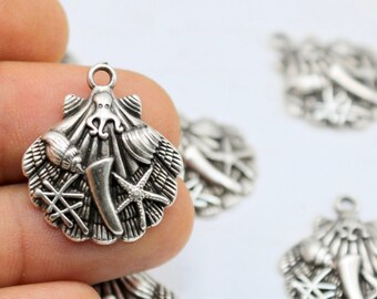 Antique Silver Cowrie Shell Pendants: Mermaid Charms, Jewelry Making (5 Pcs)