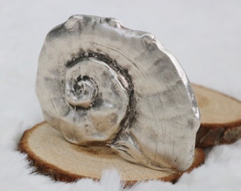 May include: A silver-colored metal sculpture of a seashell with a spiral design. The sculpture is sitting on a wooden base.